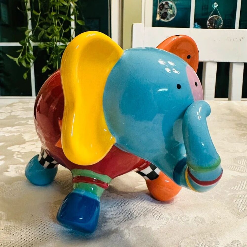 Whimsical Ceramic Elephant Piggy Bank Colorful Patchwork Polka Dot Chevron 7"